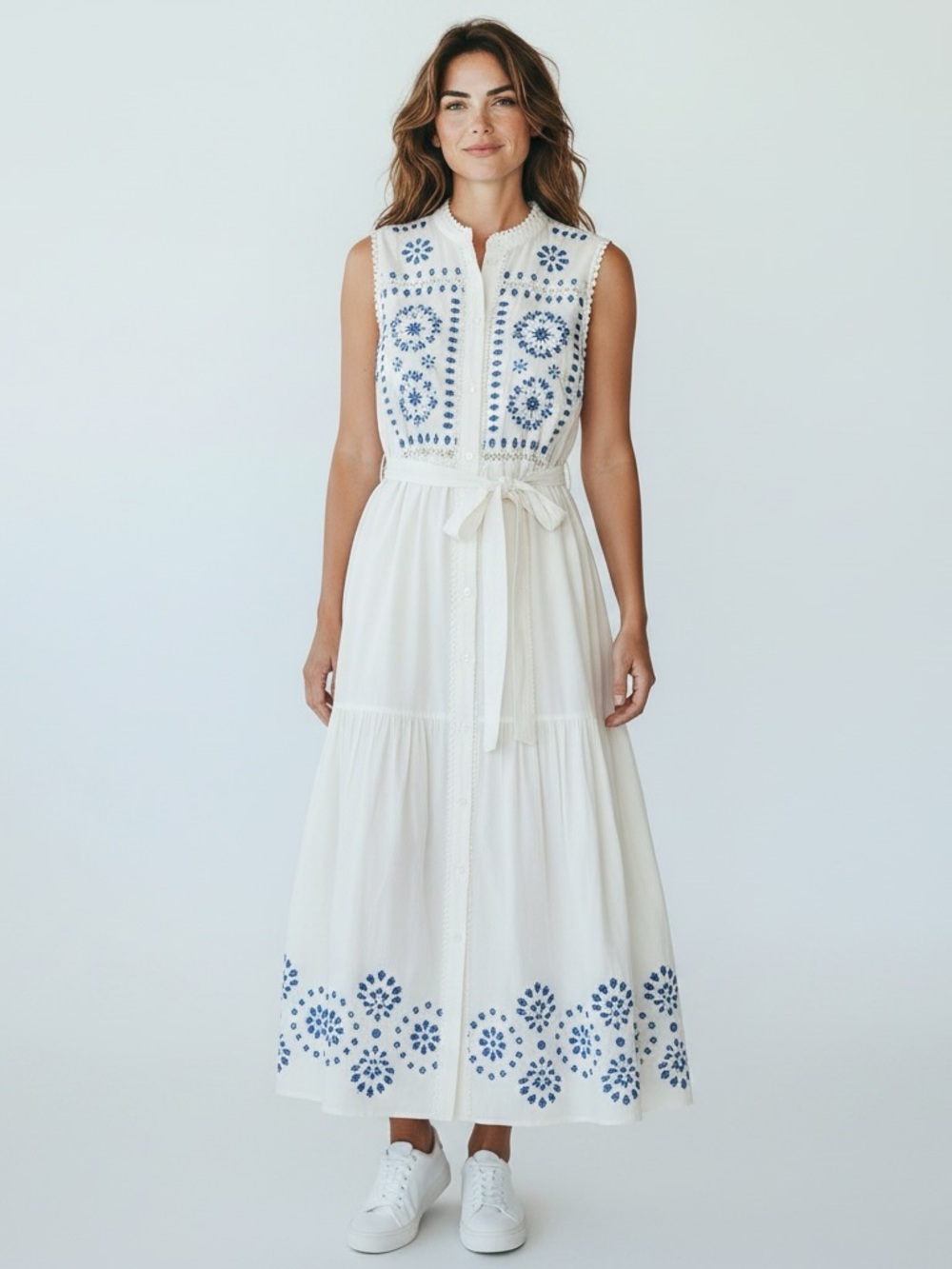 New AVEC LES FILLES Sleeveless White Maxi Dress with Blue Embroidered SIZE 12